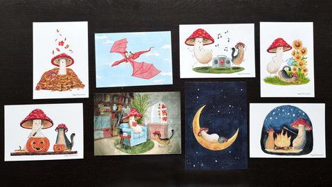 Mushroom characters in whimsical watercolor scenes by Sigge Illustration