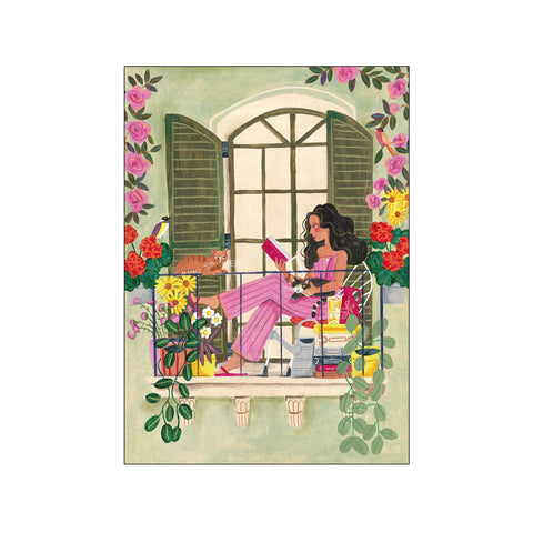 Woman reads on balcony with cats — Art print by Caroline Bonne Müller from Poster & Frame