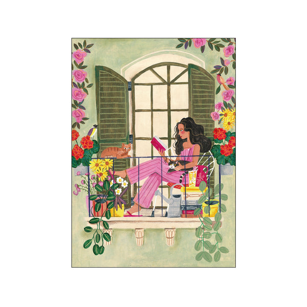 Woman reads on balcony with cats — Art print by Caroline Bonne Müller from Poster & Frame