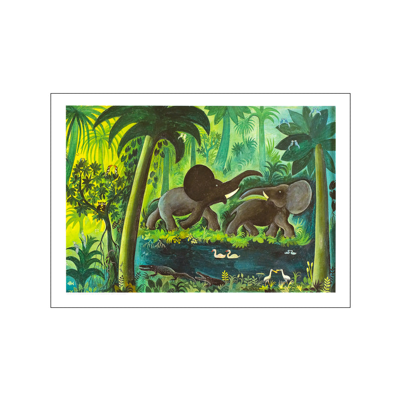 Stor junglebillede med tapirer og elefanter — Art print by Hans Scherfig from Poster & Frame